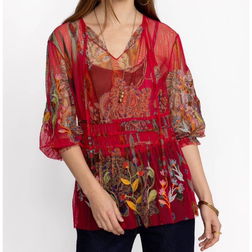 Johnny Was Feather Lark Mesh Blouse with slip, size L